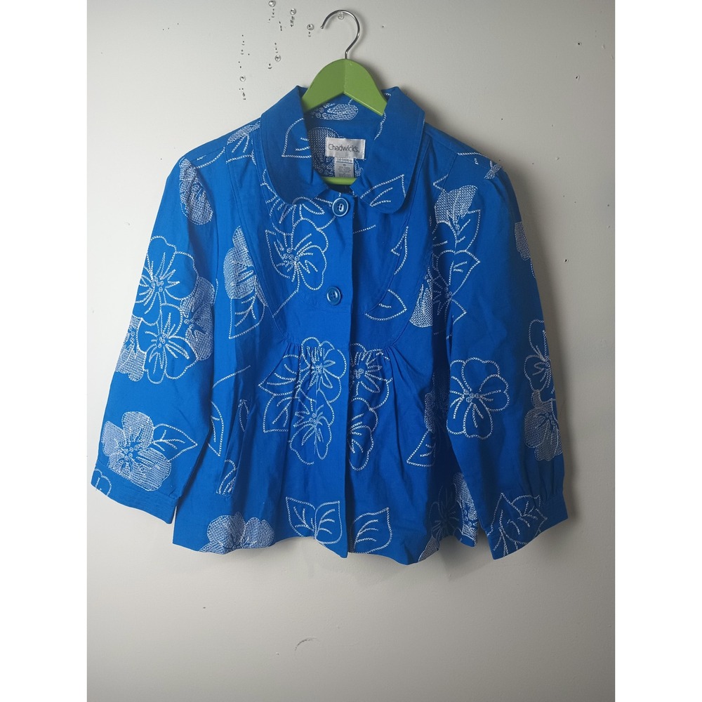 Chadwicks Blue Linen Blend Floral Embroidered Button Front Jacket Size 16